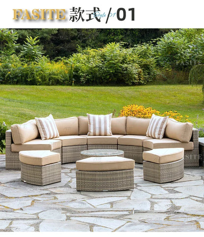 Sofa, courtyard, garden, leisure, outdoor living room, semi circular curved rattan chair, terrace, outdoor furniture combination