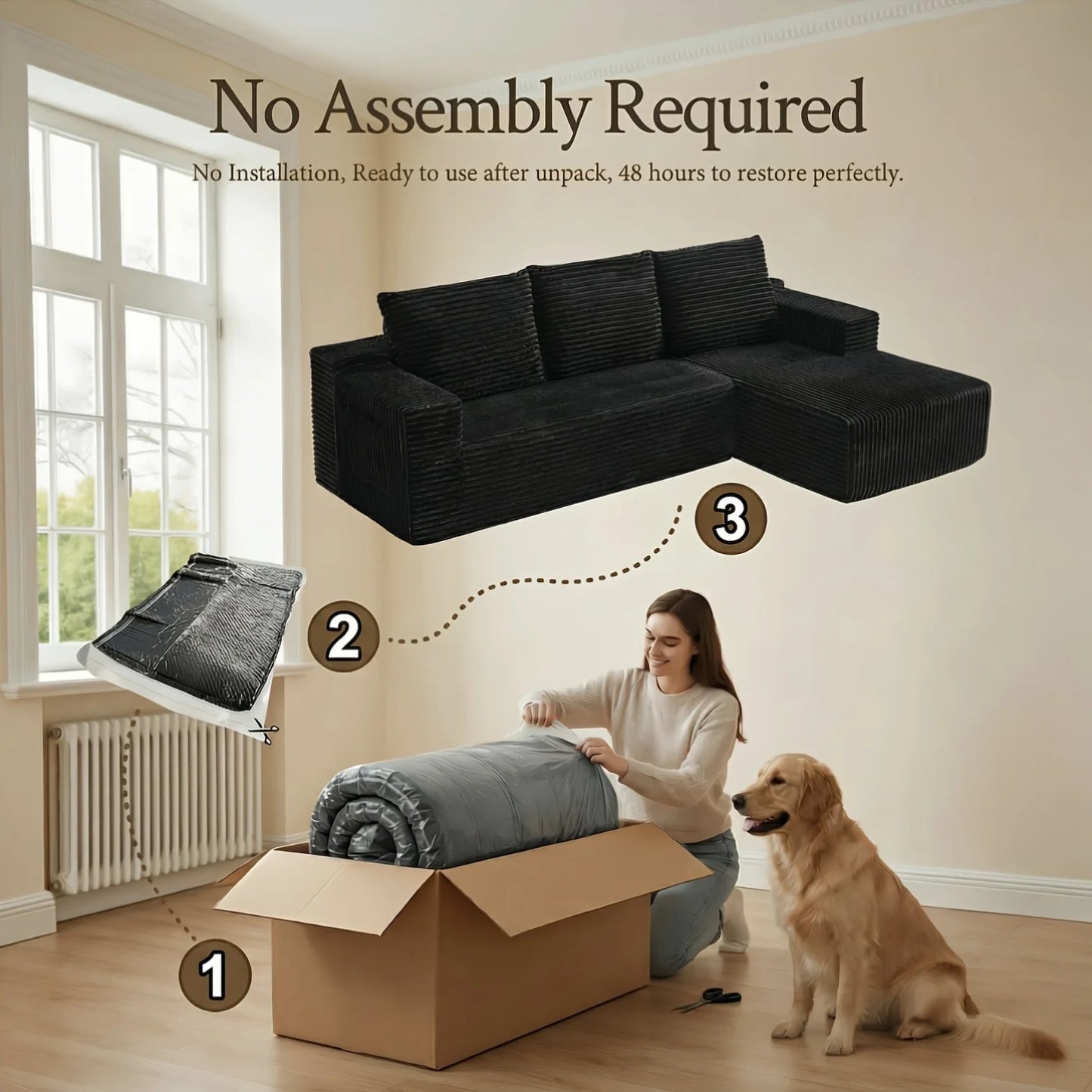 105" Boneless Cloud Couch for Living Room, Modular Sectional Sofa with Chaise, 4-Seater L-Shaped Sofa with Corduroy Fabric, No A