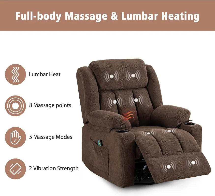 Ketaiyou Rocker Swivel Recliner Chair for Adults, Overstuffed Large Manual Recliner Glider with Massage and Heat, Comfy Soft