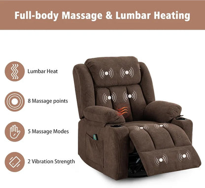 Ketaiyou Rocker Swivel Recliner Chair for Adults, Overstuffed Large Manual Recliner Glider with Massage and Heat, Comfy Soft