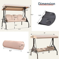 Patio Porch Swing 3Seat Outdoor Swing with Adjustable Canopy Waterproof Fabric Cushion Pillow and Foldable Side Tray for Patio