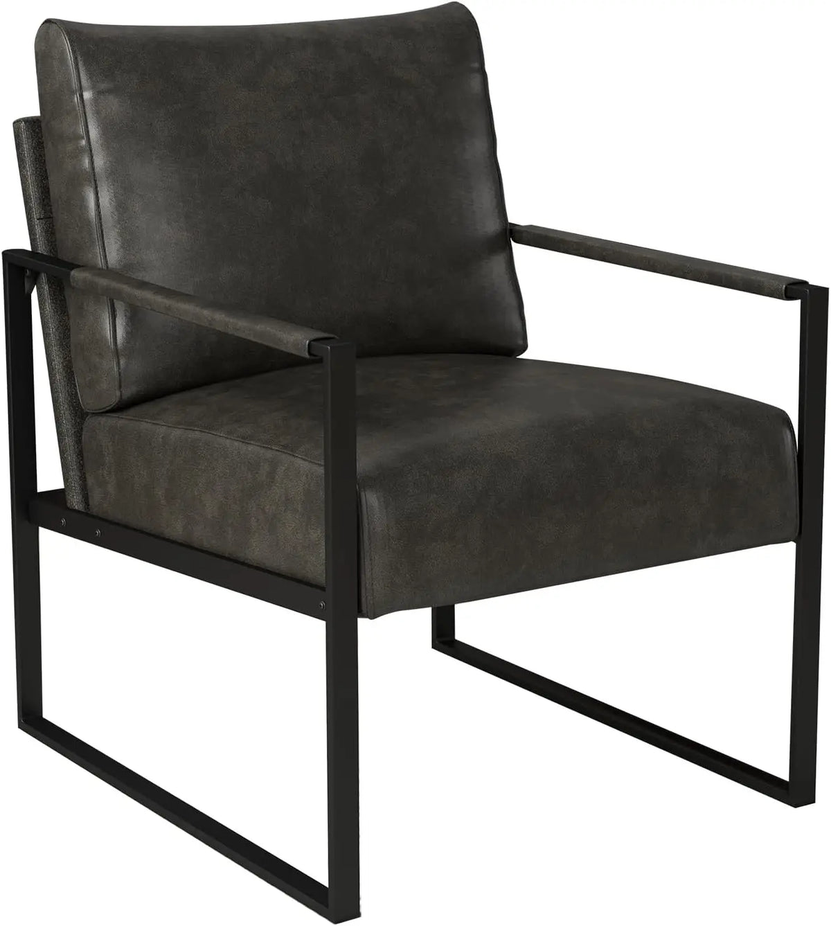 Leather Accent Chair with Metal Frame, Comfy Living Room Chair with Plump Backrest and Cushion, Mid Century Modern Chair w