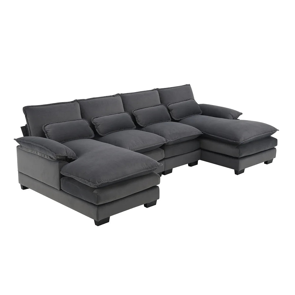 Couch U-shaped Sectional Sofa Japanese Dark Blue Sleeper Sofa  with Waist Pillows Double Chaise Lounge for Living Room Apartment