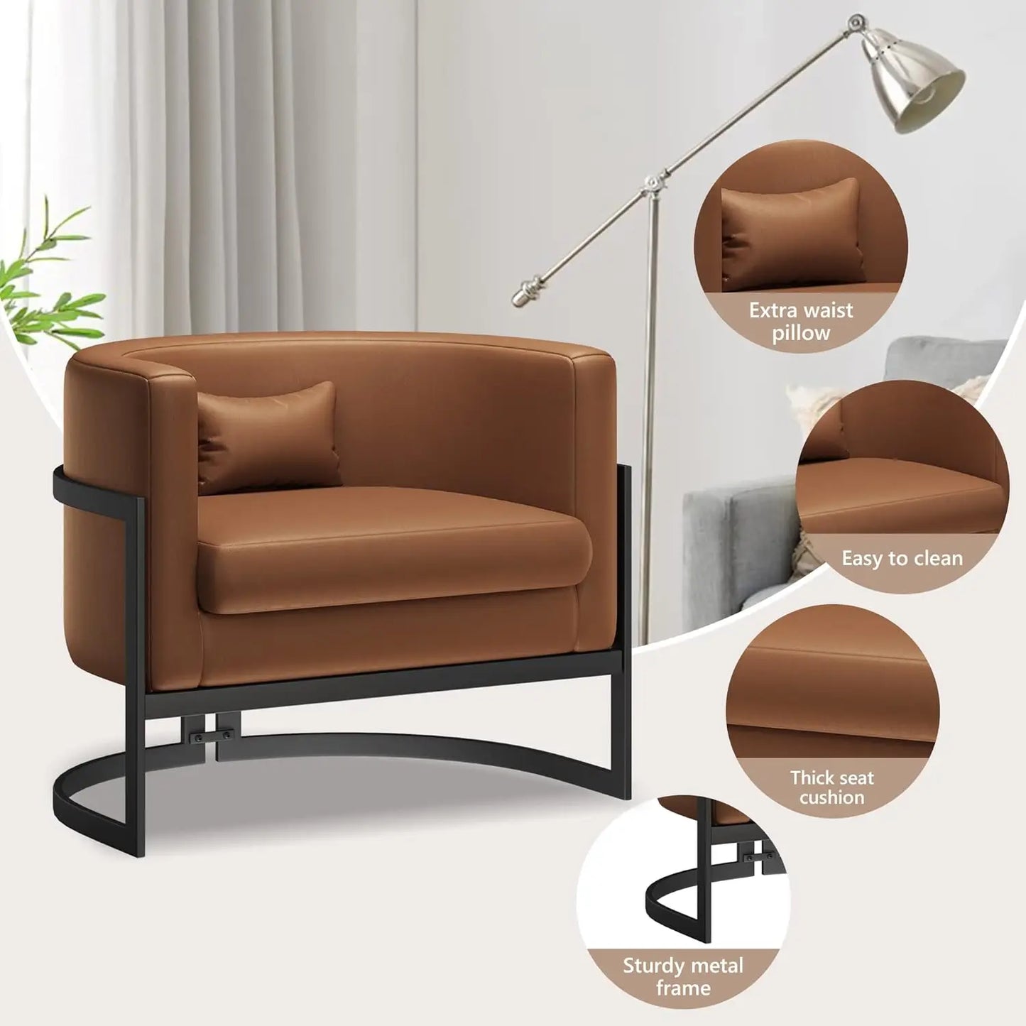 Velvet Upholstered Accent Chair with Gold Frame, Modern Barrel Armchair for Bedroom, Living Room, or Vanity Corner