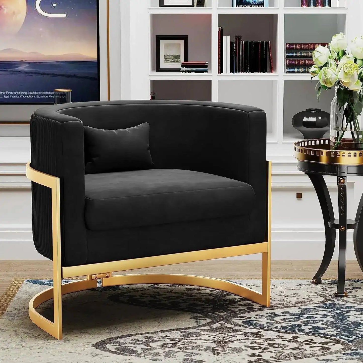 Velvet Upholstered Accent Chair with Gold Frame, Modern Barrel Armchair for Bedroom, Living Room, or Vanity Corner