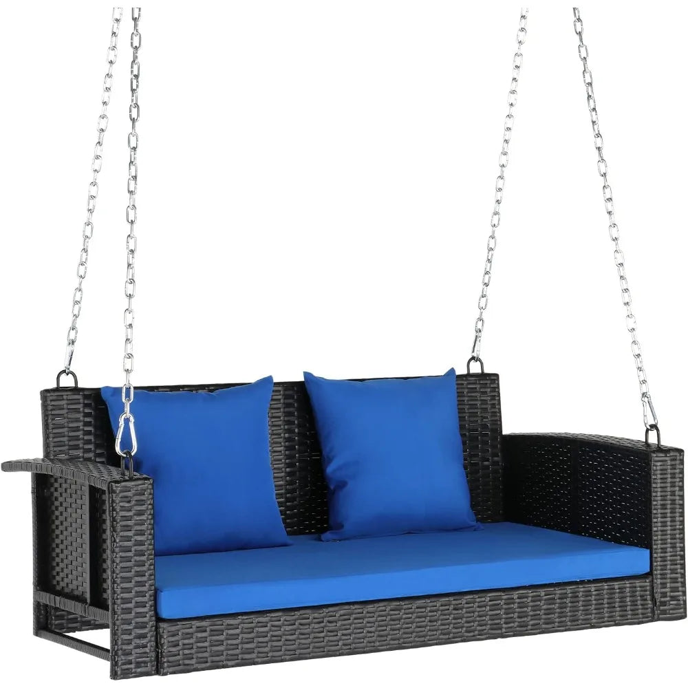 Rattan Porch Swing, Heavy Duty 800 LBS Outdoor Hanging Seat with Extra Cushion and Adjustable Chain, The Porch Swing Seat