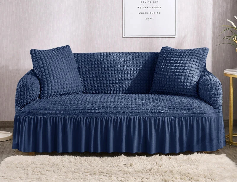 1 Seater Seersucker Sofa Cover with Elastic Skirt Stretch Sofa Protector Removable Slipcover Armchair Cover Elastic Couch Cover