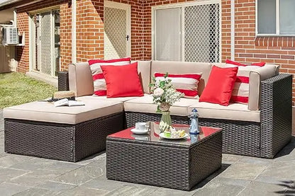 5 Piece Patio Furniture Sets, Outdoor Patio Set Sectional Sofa, All-Weather PE Rattan Outdoor Couch with Ottoman, Glas