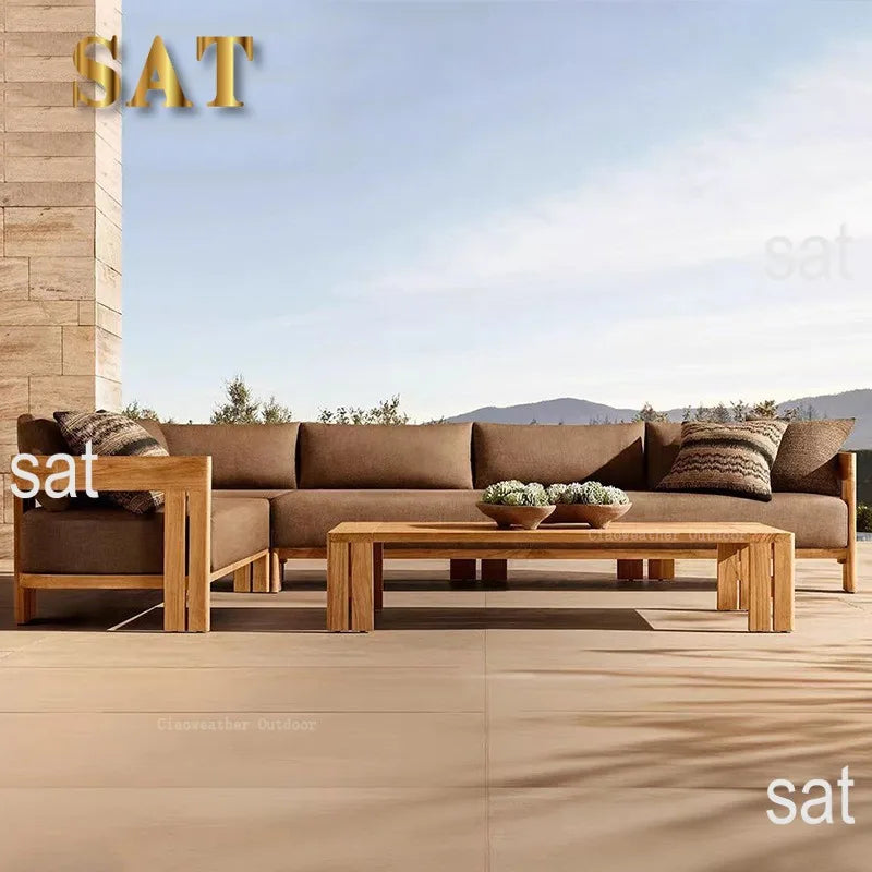 nvModern Luxury Teak Waterproof Outdoor Sofa with Cushions Customized Color for Patio Courtyard Apartment&Hotel Living Rooms&