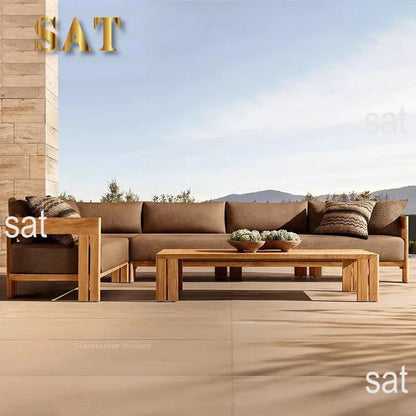 nvModern Luxury Teak Waterproof Outdoor Sofa with Cushions Customized Color for Patio Courtyard Apartment&Hotel Living Rooms&