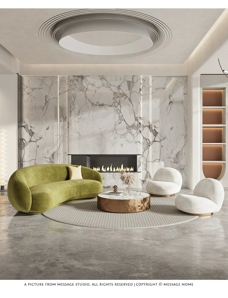 Margery Moon Minimalist Creative Living Room Sitting Area Reception Pea Lamb Fleece Curved Cashew Fabric Sofa