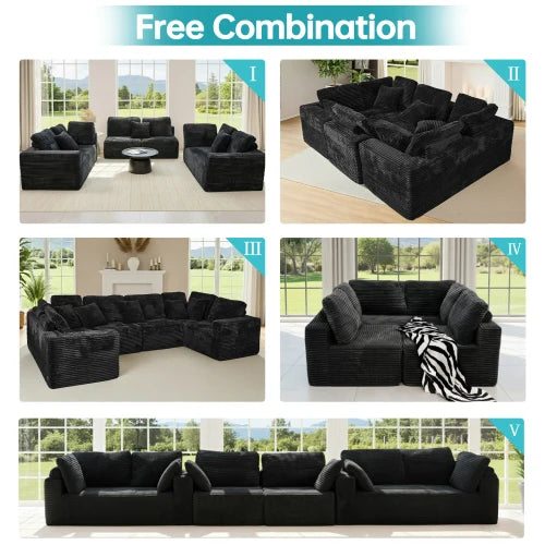 135.5-inch Modular U-Shaped Sectional Sofa, 6-Seater Chaise Lounge with Reversible Design, Striped Corduroy Fabric in Black