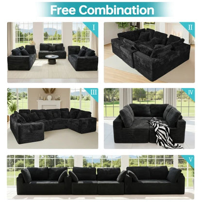 135.5-inch Modular U-Shaped Sectional Sofa, 6-Seater Chaise Lounge with Reversible Design, Striped Corduroy Fabric in Black