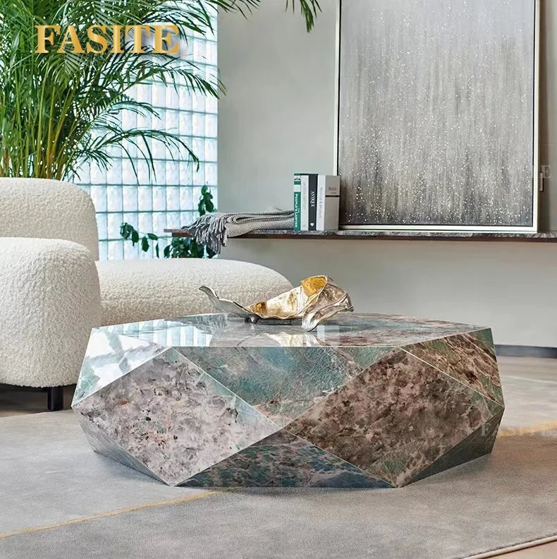 Postmodern tea table simple polygonal tea table Amazon green Italian light luxury rock slab special-shaped coffee table designer