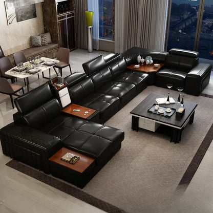 Italian Leather Couch With Heating Seat Cold Fridge Genuine Leather Sofa With Headrests USB, Stools And Storage Easy to clean