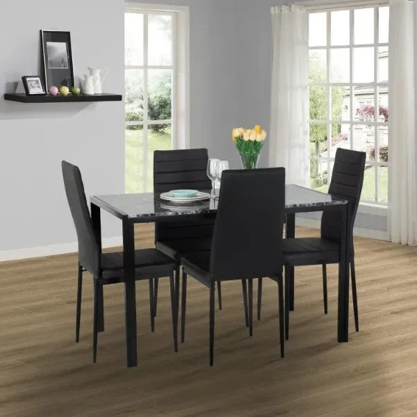 Dining Table and Chairs Set,Modern Rectangular Marble Table top with 4 Chairs PU Leather for Dining Room