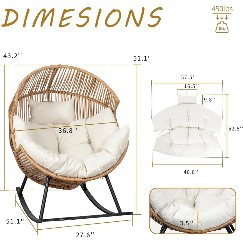 Wicker Egg Chair,Oversized Outdoor Indoor Rocking Chair,Large PE Rattan Rocking Chair with Cushion for Patio, Balcony, Backyard