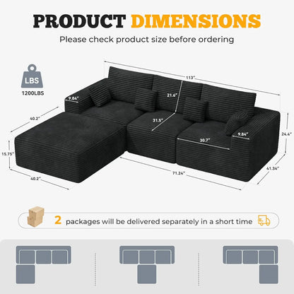 113" Modular Sectional Sofa, Convertible L-Shaped Cloud Couches For Living Room With Ottoman, 4 Seater Corduroy Boneless Couch S