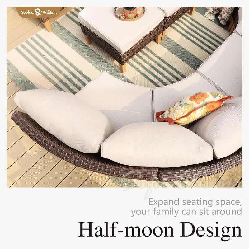 Outdoor Wicker Sectional Sofa Set, Half Moon Curved Patio Furniture Set with Ottman, High Back Rattan Patio Con