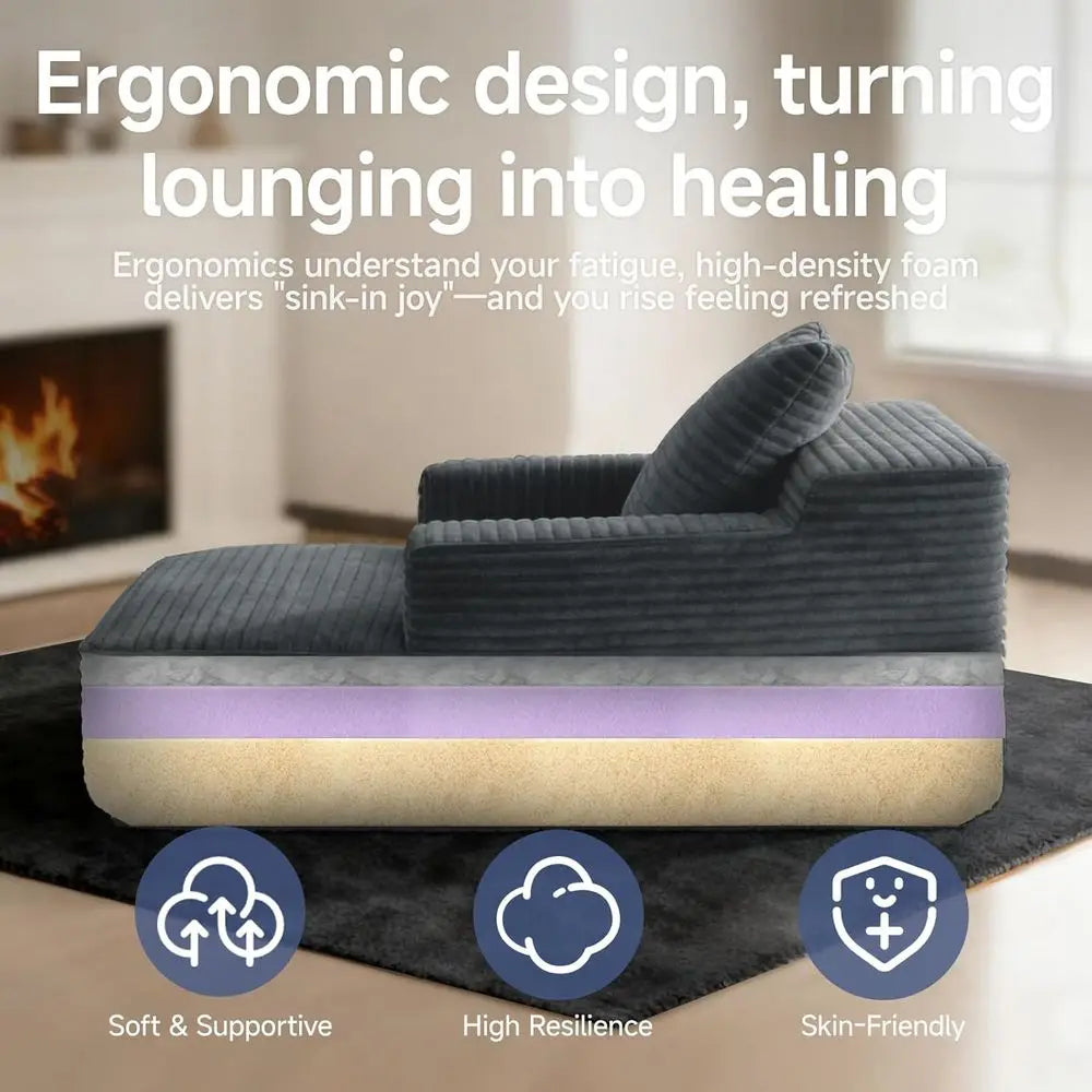 45'' Chaise Lounge Chair Indoor, Corduroy Upholstered Boneless Sofa Bed, Deep Seat Sleeper Couch Reading Chairs, Small Comfy Clo