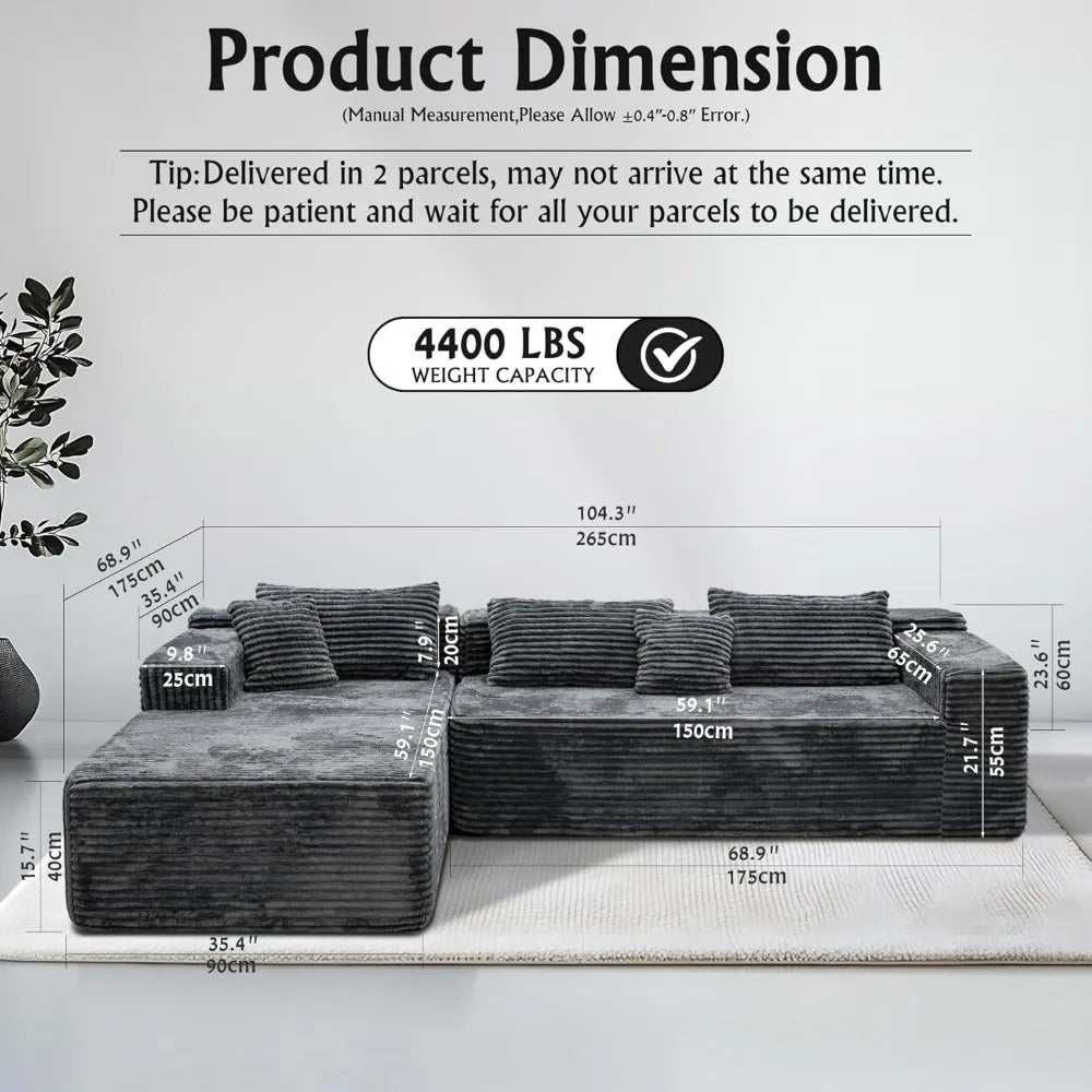 sectional couches for Living Room-Corduroy Couch，104" Cloud Sectional Couch with L-Shape Chaise， Modern Modular Sofa