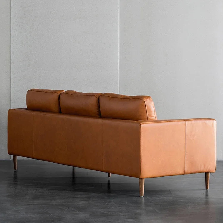 for Mid Century Modern Genuine Leather 3 Seat Sofa Home Furniture Vintage Wood Leg Sofa Living Room Sofas Set