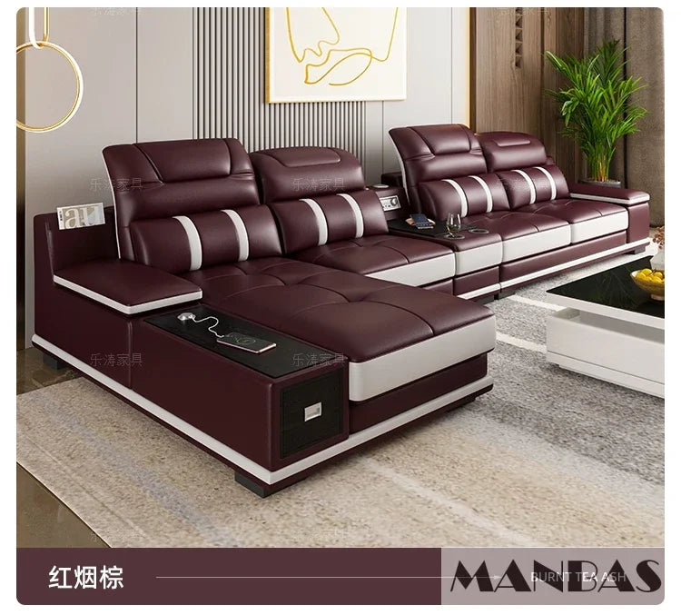 Modern Genuine Leather Sofa Living Room By MANBAS - Stylish Italian Couch with Bluetooth Speaker, USB & Adjustable Headrests