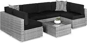 Seven Piece Modular Set, Outdoor Sectional Wicker Patio, Conversation With Two Pillows, Coffee Table Cover Included