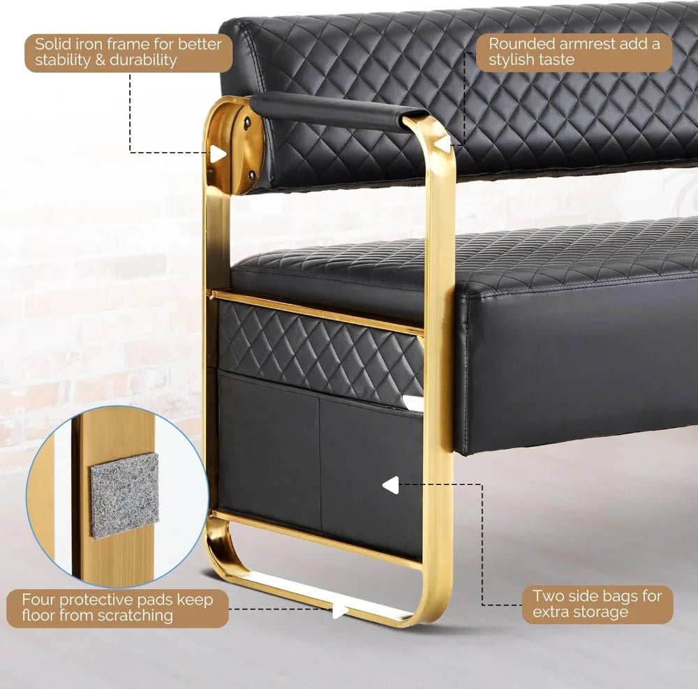 Luxury Waiting Room Chairs with Gold Arms, 57.5" Office Guest Bench Seating for Salon Bank Airport Conference