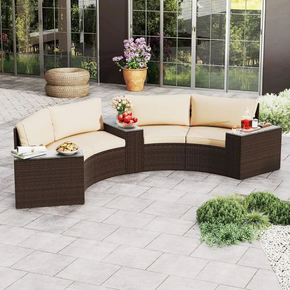 5 Pieces Patio Furniture Set, PE Rattan HalfMoon Curved Sectional Sofas with Tempered Glass Top Side Tables, Outdoor Conversati