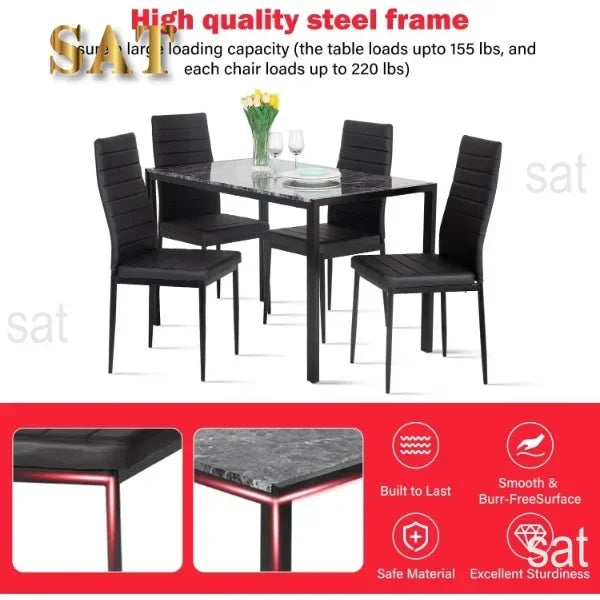 Dining Table and Chairs Set,Modern Rectangular Marble Table top with 4 Chairs PU Leather for Dining Room