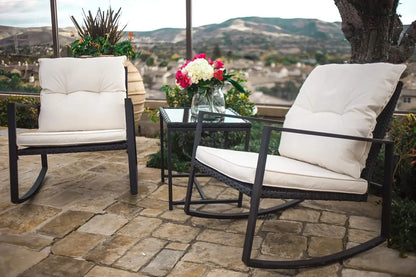 Curated Design 3 Piece Outdoor Rocking Bistro Set Black Wicker Furniture Porch Chairs Conversation Sets with Glass Coffee Tab