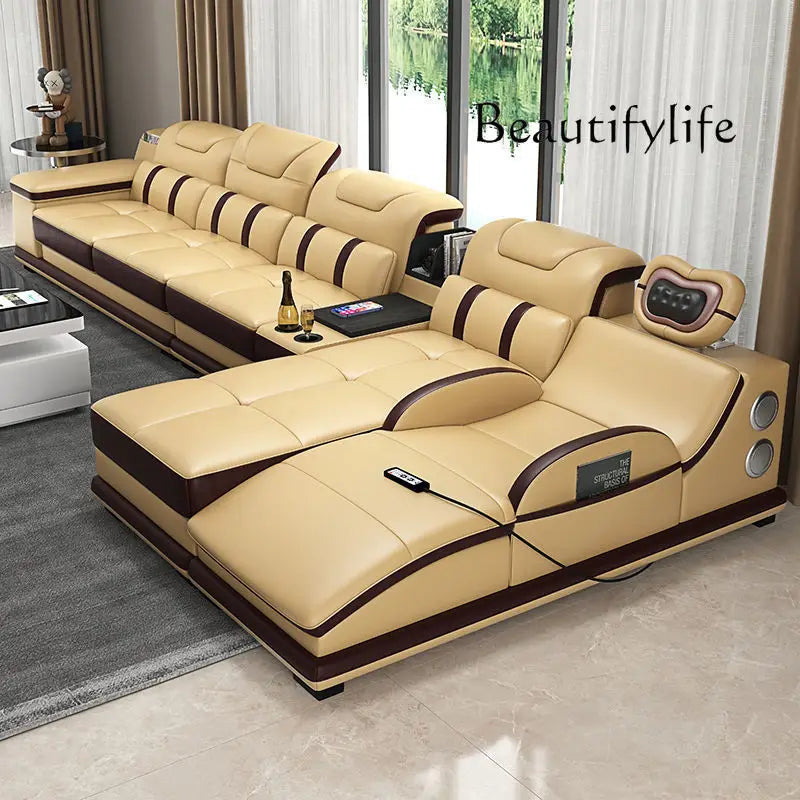 MANBAS Italian Genuine Leather Sectional Sofa with Bluetooth, Speaker, Functional Headrest, Massage Chaise L Shape Corner Sofas