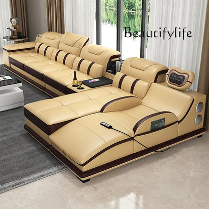 MANBAS Italian Genuine Leather Sectional Sofa with Bluetooth, Speaker, Functional Headrest, Massage Chaise L Shape Corner Sofas