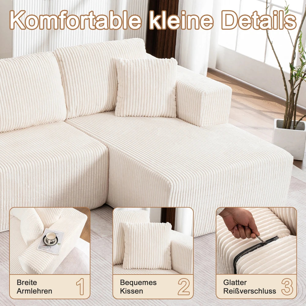 Living Room Boneless Modular Sofa, Corduroy Fabric, Modern U-shaped Leisure Sofa, High-density Sponge, No Assembly, for Home