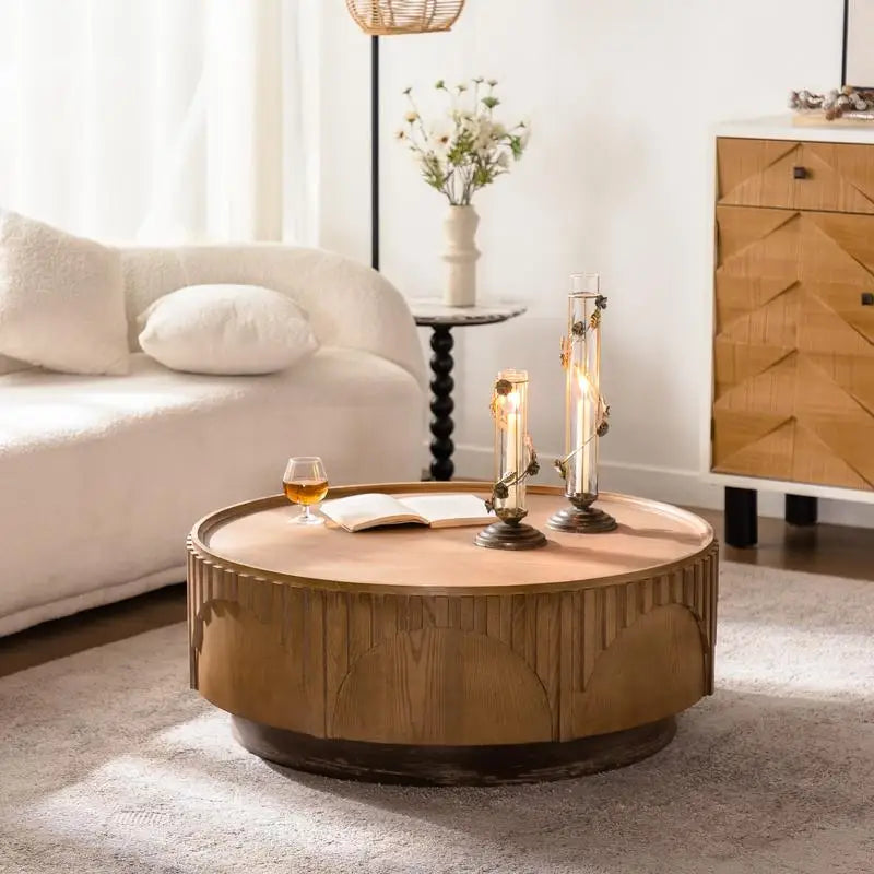 Modern Round Wooden Coffee Table, Handcrafted Solid Wood Veneer, Sturdy Pedestal for Living Room & Apartment, Stylish Design