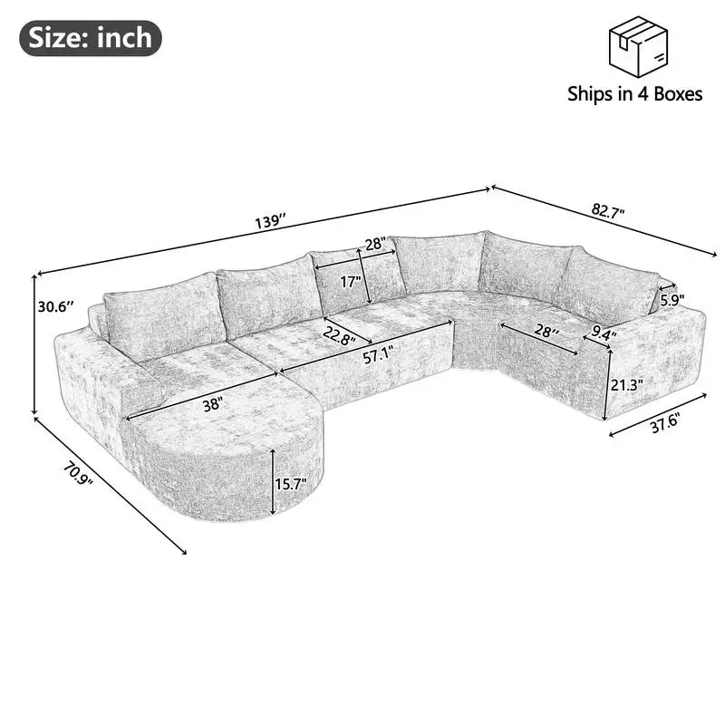 Oversized Modular Cloud Sectional Sofa Set, Grey U-shaped Couch with Deep Seating for Living Room