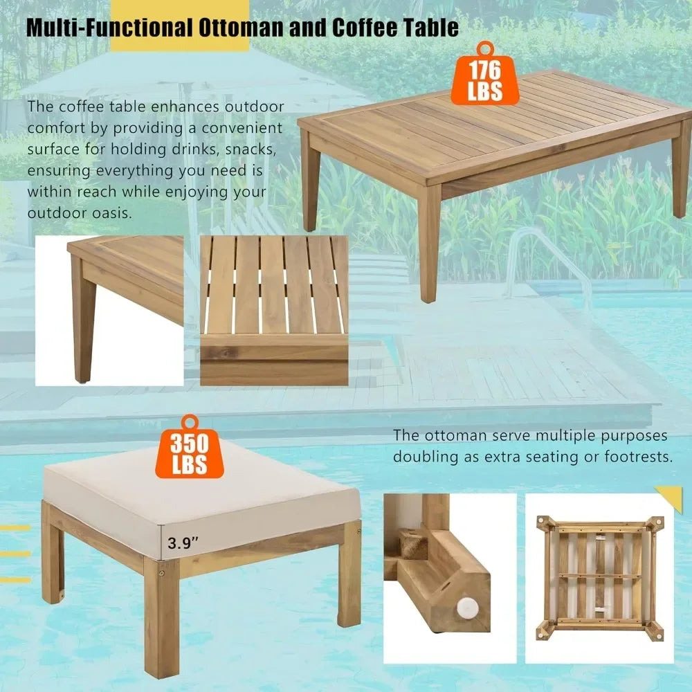 K 6 Piece Patio Sectional Sofa Set with 3-Seats Couch,Coffee Table, Ottoman and Removable Cushion for Garden Poolside
