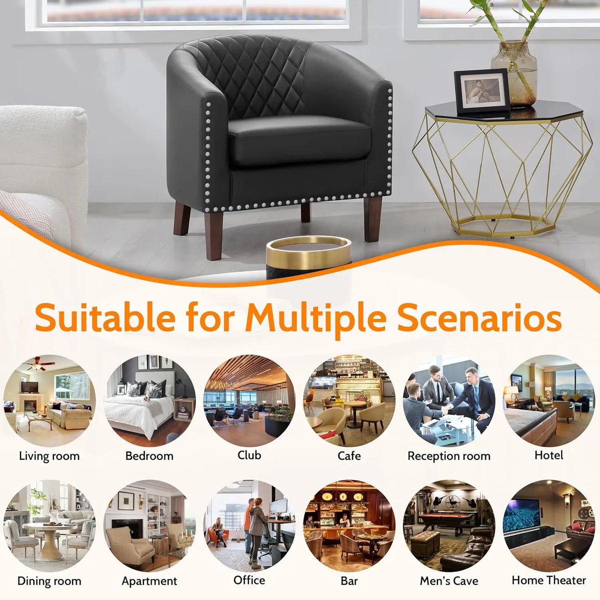 Barrel Chair Set Of 2, Comfy Accent Chair, Faux Leather Living Room Chairs Club Chair With Cushion, Nailhead Trim And Diamond