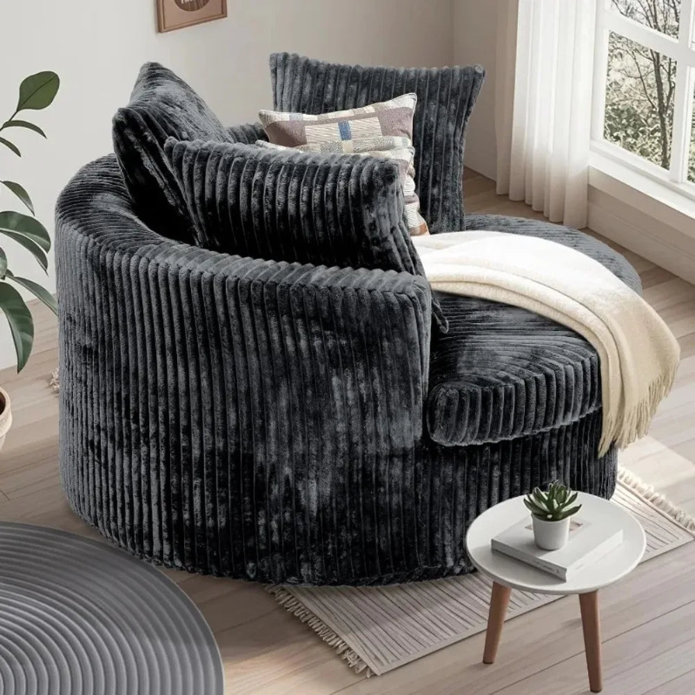 59 Inch Oversized Chaise Lounge Chair Indoor, Round Corduroy Chaise Lounge Sofa Bed with Throw Pillows and Backrest, Plush Sleep