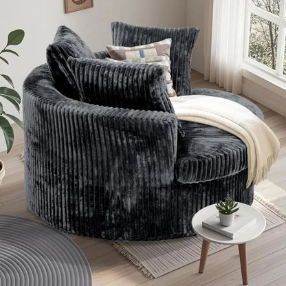 59 Inch Oversized Chaise Lounge Chair Indoor, Round Corduroy Chaise Lounge Sofa Bed with Throw Pillows and Backrest, Plush Sleep