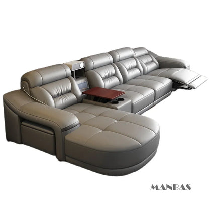 MANBAS Genuine Leather Living Room Sofas Sets Power Reclining Couch Electric Recliners With Projector, USB, Speaker & Cup Holder