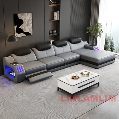 Modern Genuine Leather Massage Sectional Sofa Bed with Adjustable Headrests & LED Lights, Recliner Couch Set with Storage & USB
