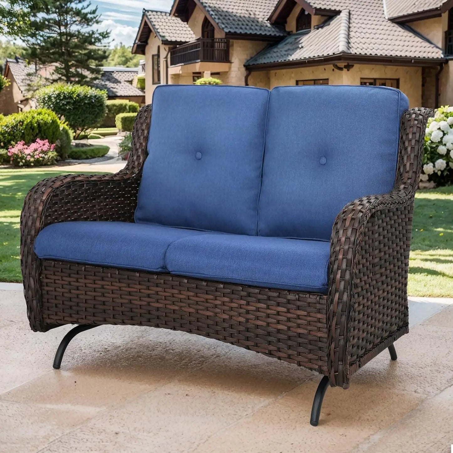 Patio Loveseat Wicker Loveseat Rattan Glider Sofa with Curved Armrest Thicking Back & Seat Cushions for Garden Balcony Backyard