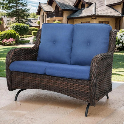 Patio Loveseat Wicker Loveseat Rattan Glider Sofa with Curved Armrest Thicking Back & Seat Cushions for Garden Balcony Backyard