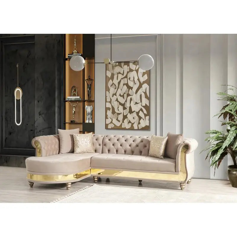 Taupe Tufted Upholstery Sectional Sofa with Wood Frame