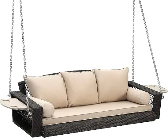 3 Person Porch Swing Patio Wicker Hanging Porch Swing Chair Outdoor Rattan Swing Bench with Cushion and Pillow for Garden, Yard