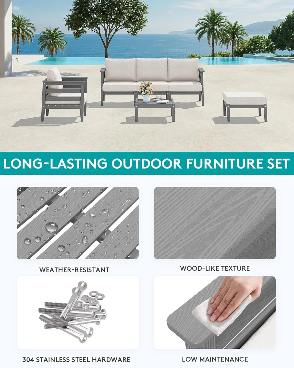 HDPE Patio Furniture Set, 6 Pieces Outdoor Sectional Sofa Set, All-Weather Wood-Like Outdoor Sofa Couch with Coffee Table for D