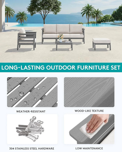 HDPE Patio Furniture Set, 6 Pieces Outdoor Sectional Sofa Set, All-Weather Wood-Like Outdoor Sofa Couch with Coffee Table for D