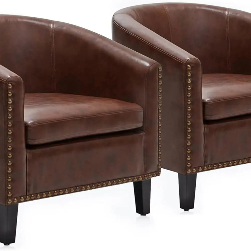 Pair of Elegant Leather Tub Chairs with Gold Trim and Black Legs for Living Spaces